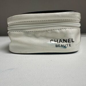 CHANEL White Canvas Cosmetic Pouch with Black Logo